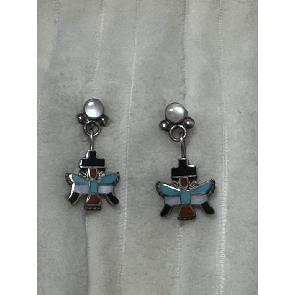 Zuni Signed‎ "ELR" Sterling Silver Turquoise, MOP Coral, Onyx Inlaid Earrings
